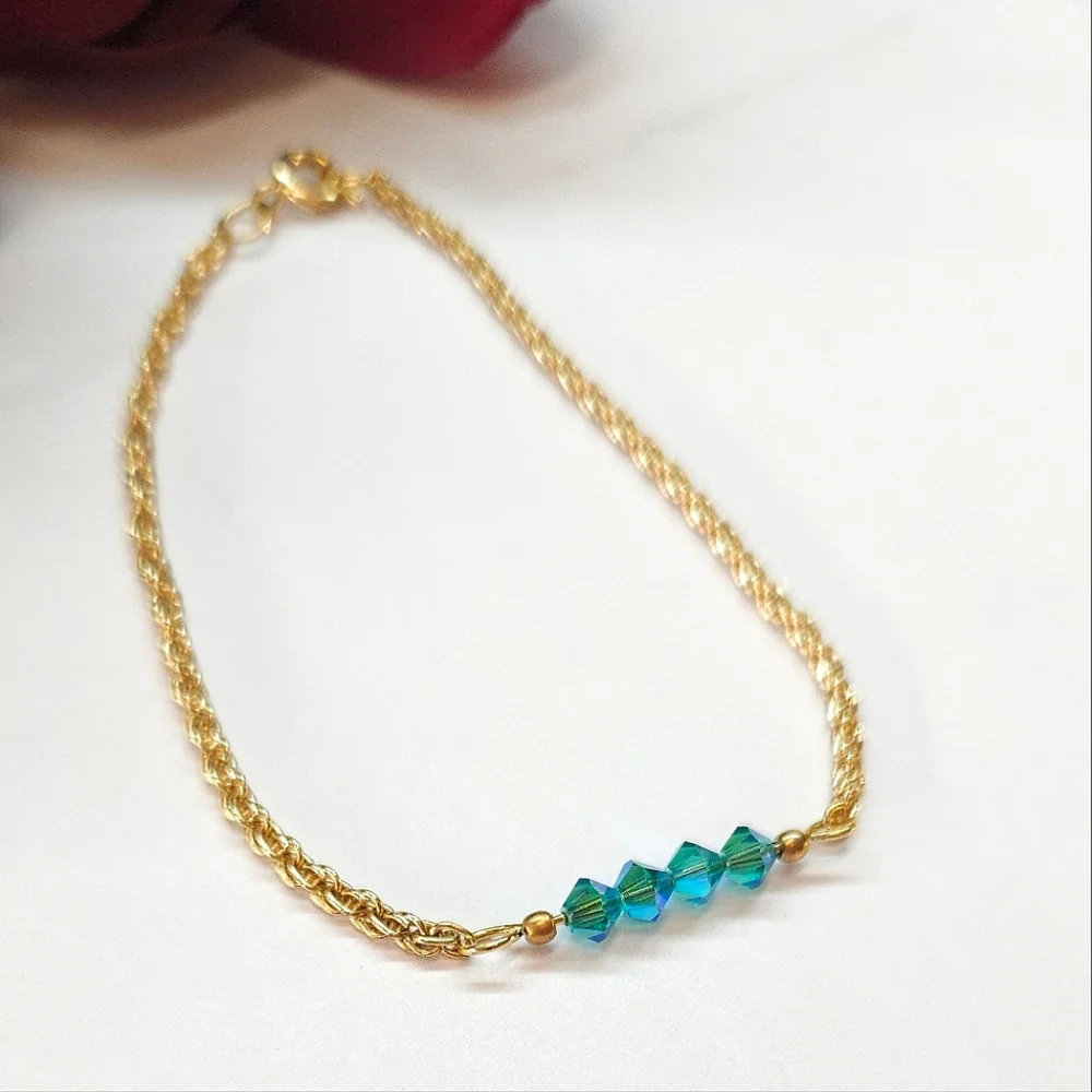 Handmade Teal Blue AB Crystal Bar Bracelet Gold Chain